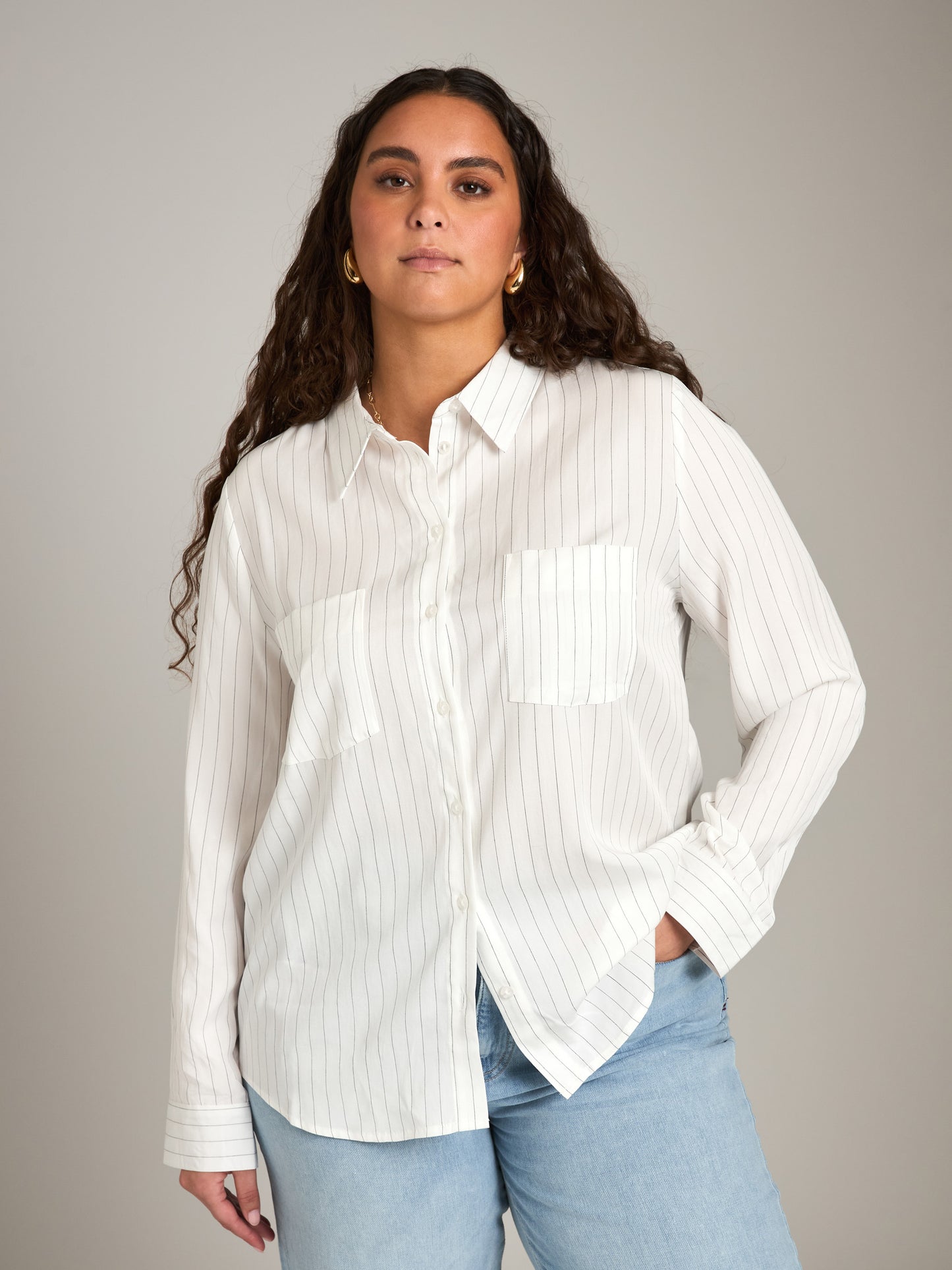 MONK & LOU-Tara Pinstripe Button Up Shirt-White with Black Pinstripe