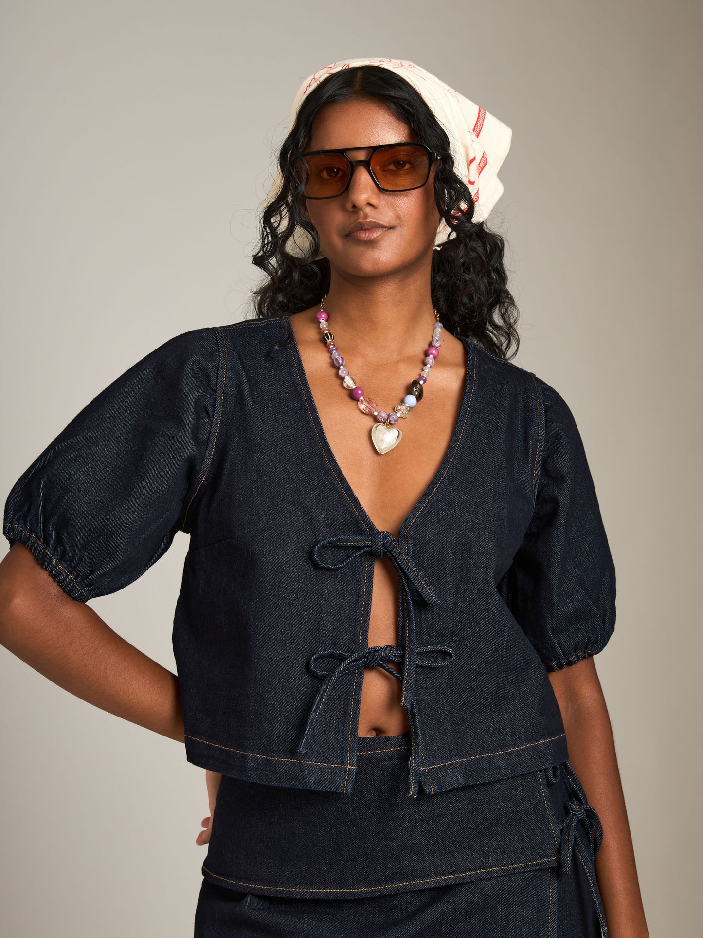 MINKPINK - Raya Denim Tie Front Top -