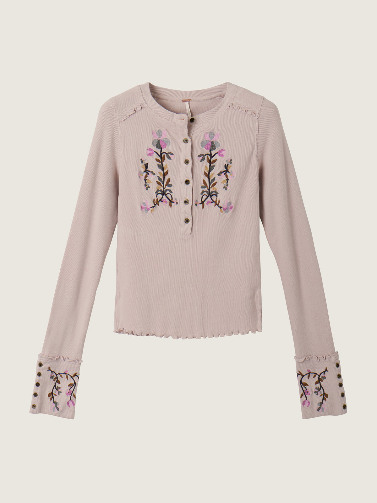 FREE PEOPLE - Fleur Embroidered Longsleeve Henley Top -
