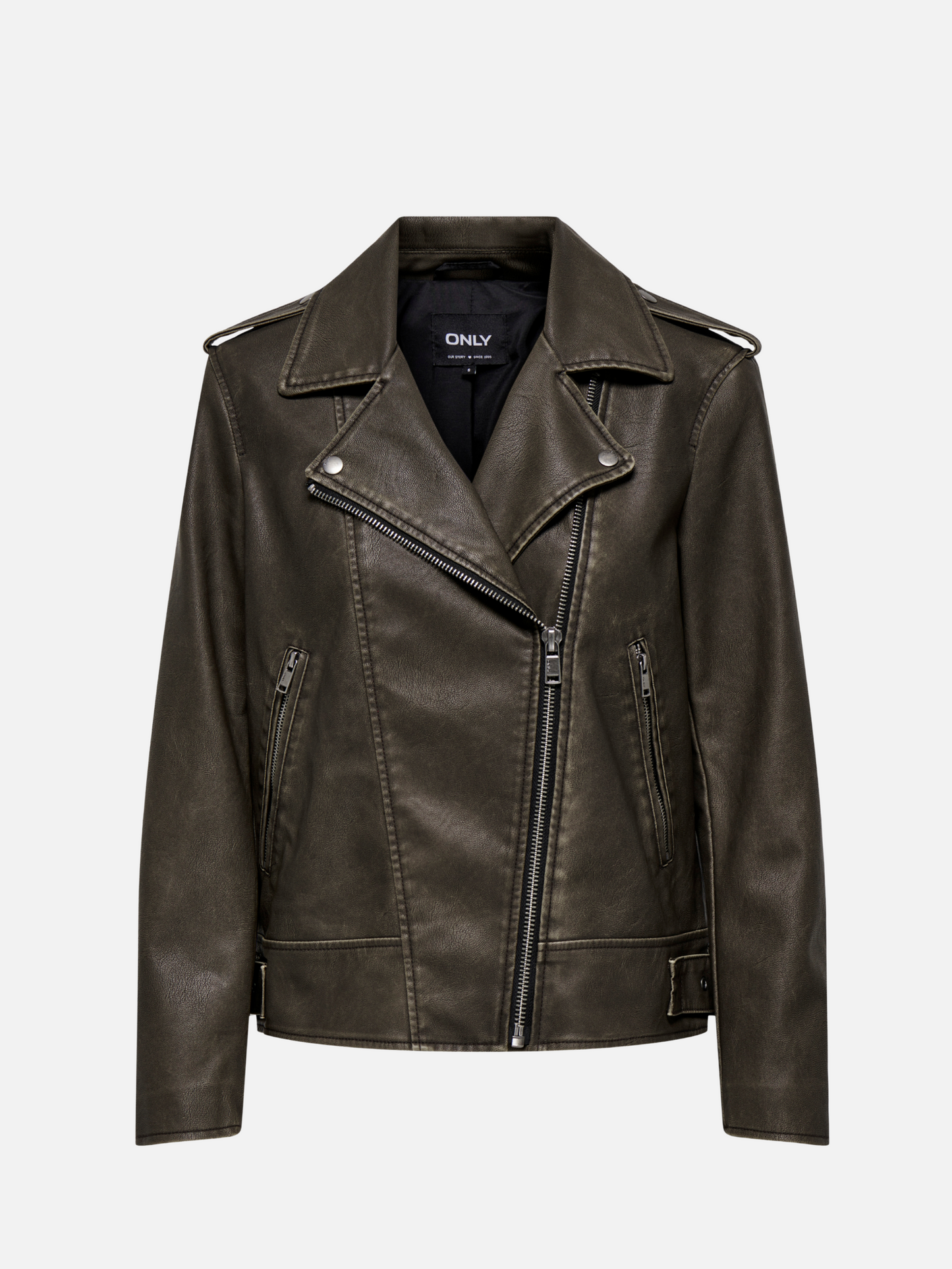 ONLY-Numa Faux Leather Biker Jacket-Chocolate Chip Washed