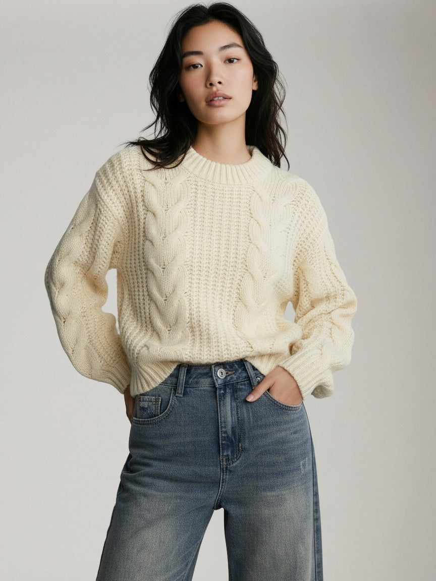 Kelly Chunky Knit Cable Crewneck Sweater