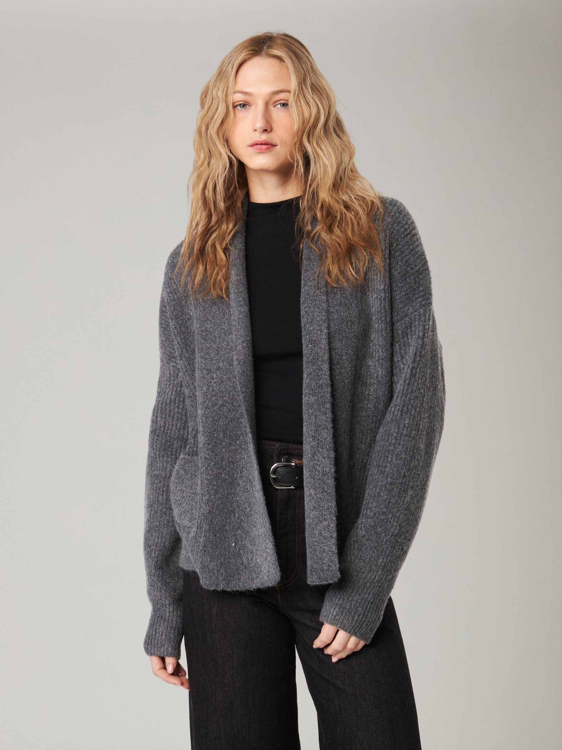 JOHN & JENN - Noah Open Front Cardigan Sweater - Granite