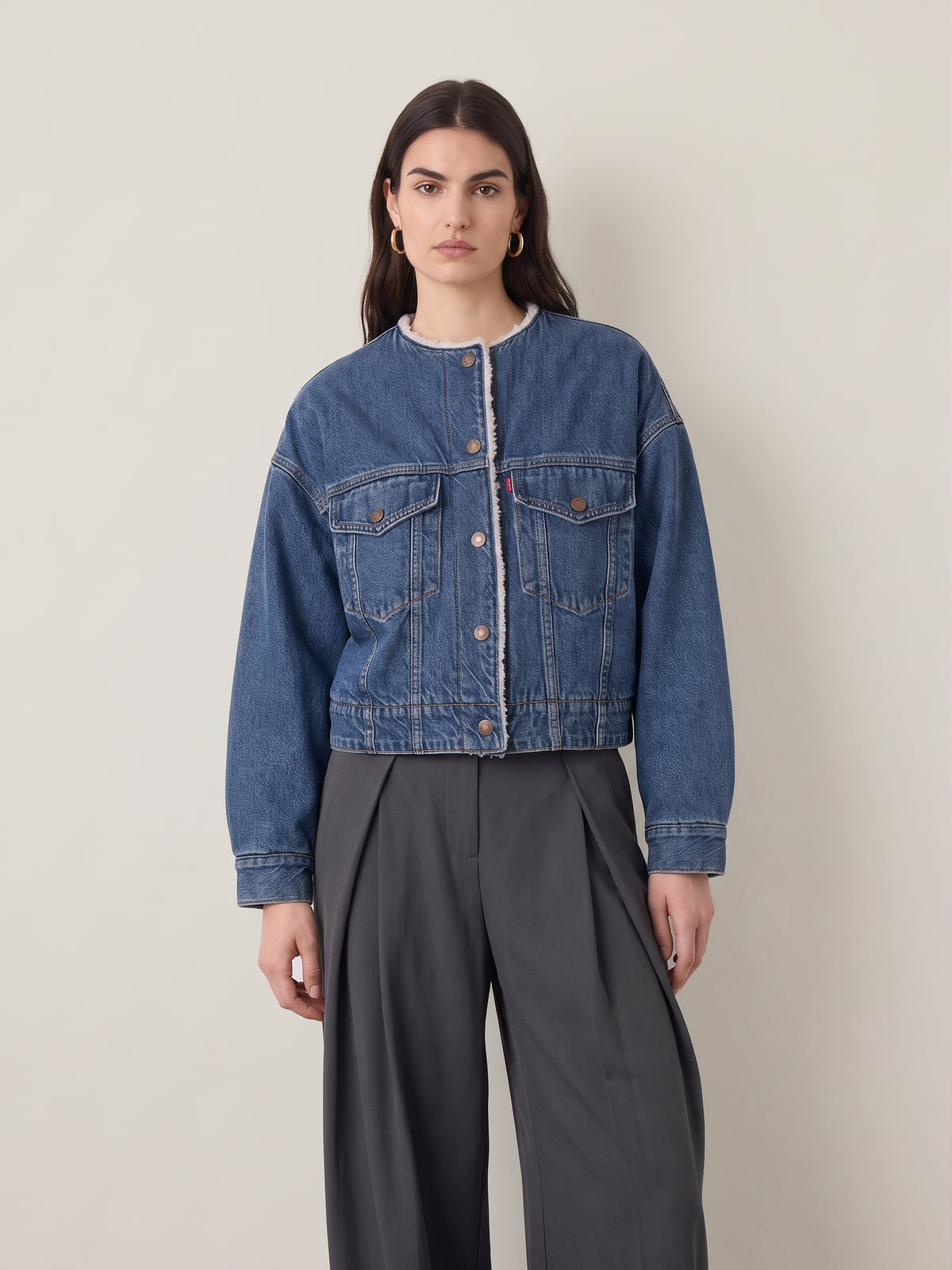 Collarless Cropped Sherpa Trucker Jacket