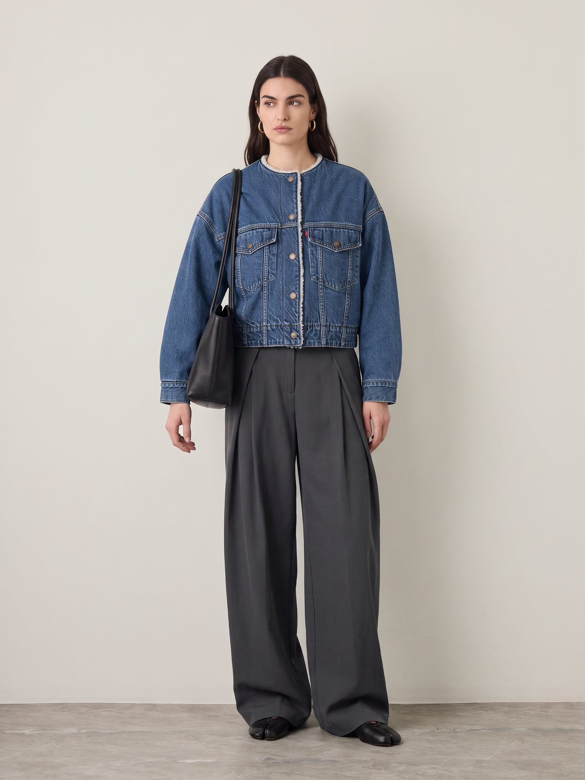 Collarless Cropped Sherpa Trucker Jacket