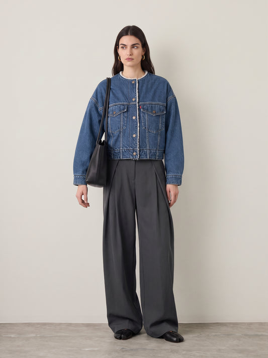 Collarless Cropped Sherpa Trucker Jacket