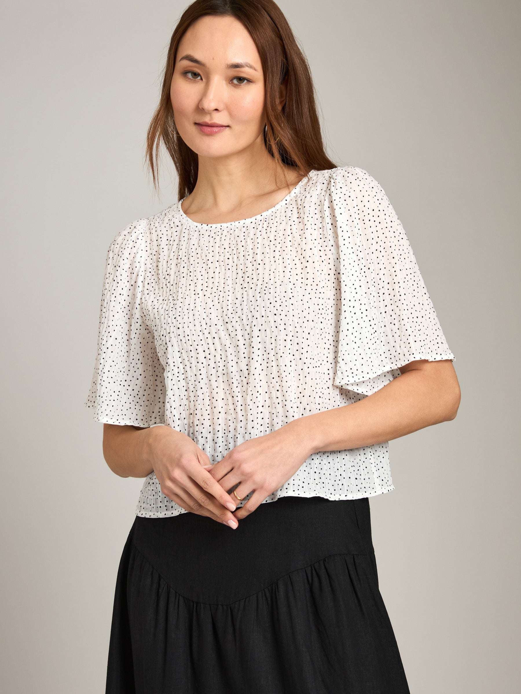 MONK & LOU-Crinkled Dot Adair Blouse-Black Polka Dot