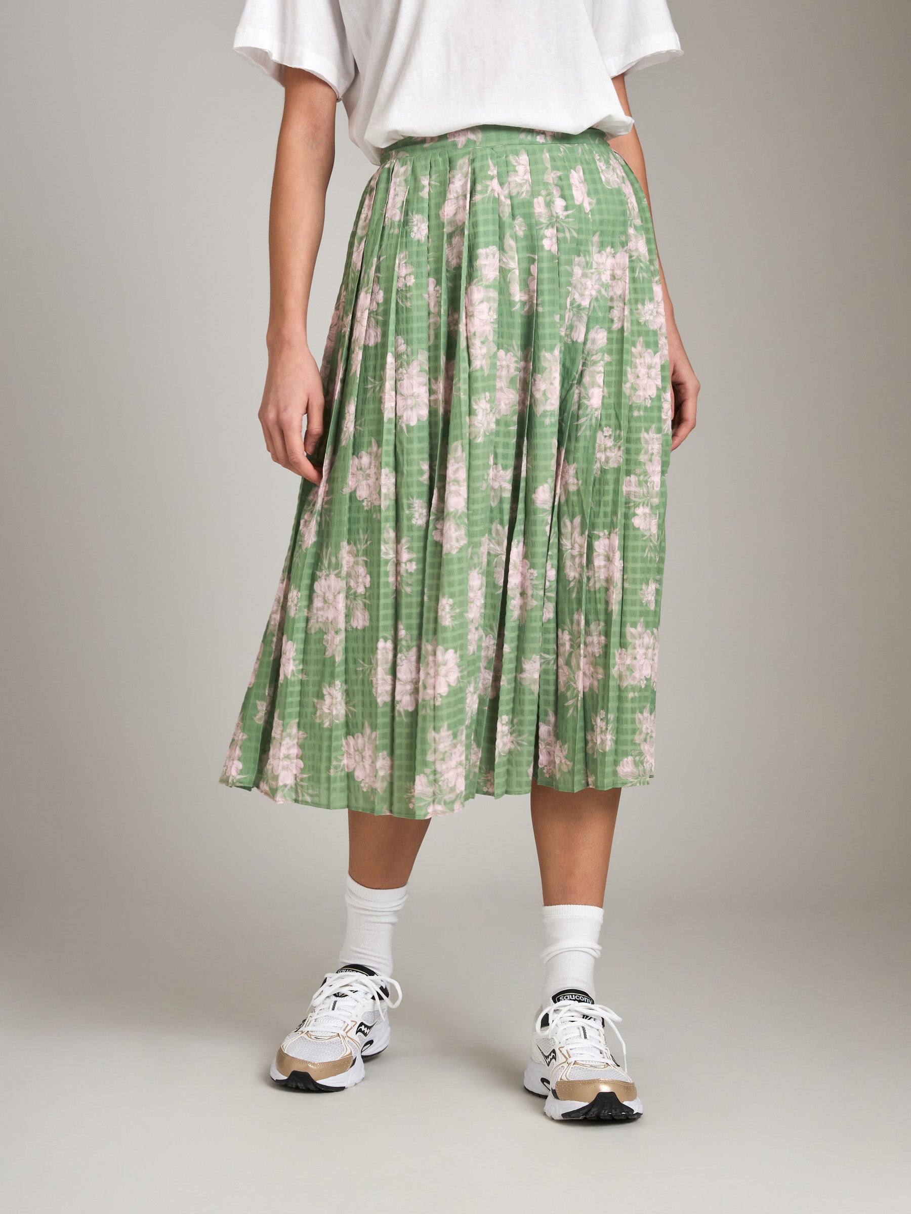 SADIE & SAGE-Rainy Days Pleated Midi Skirt-Green Multi