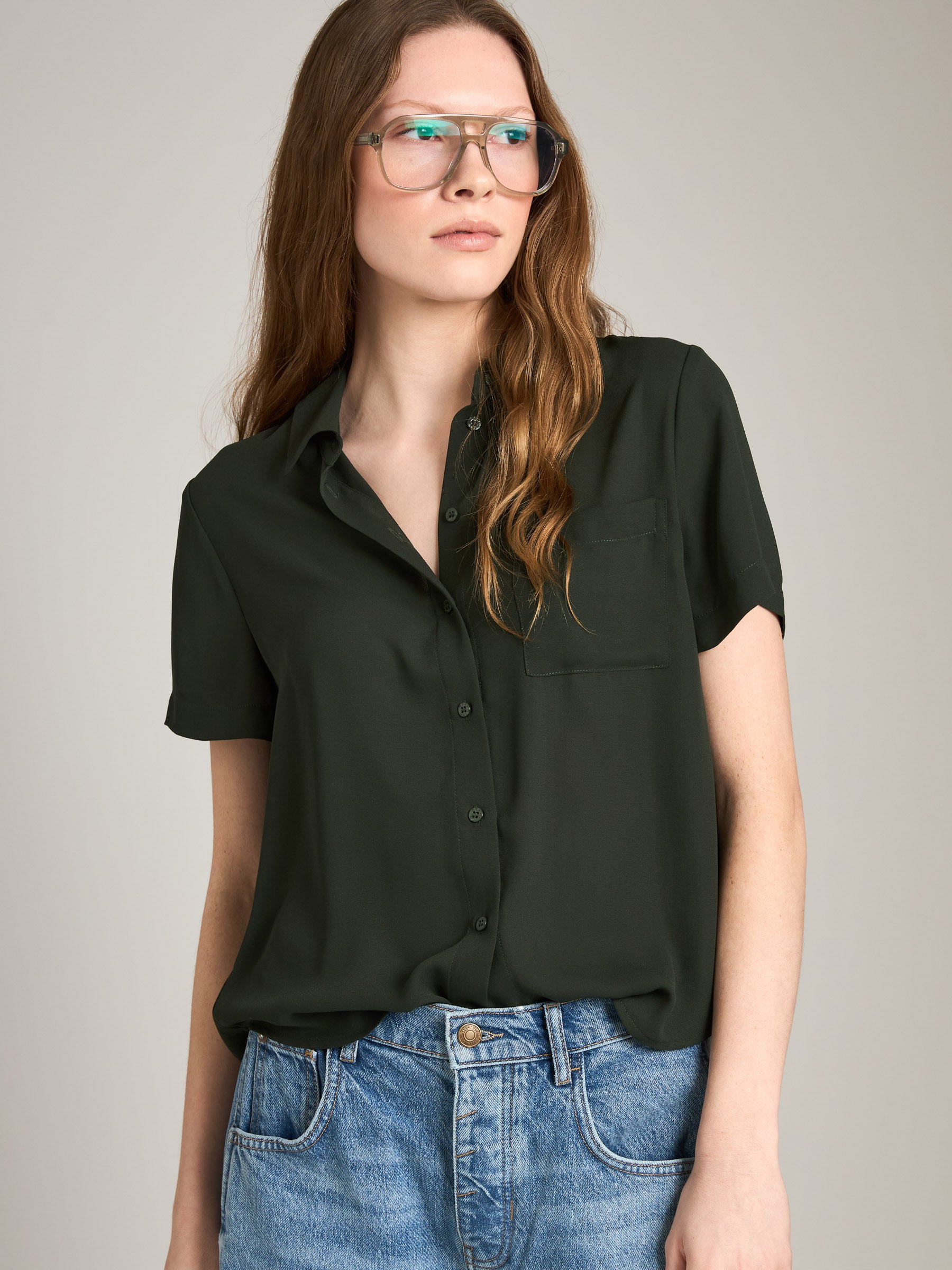 MONK & LOU-Karla Relaxed Pocket Blouse-Deep Green