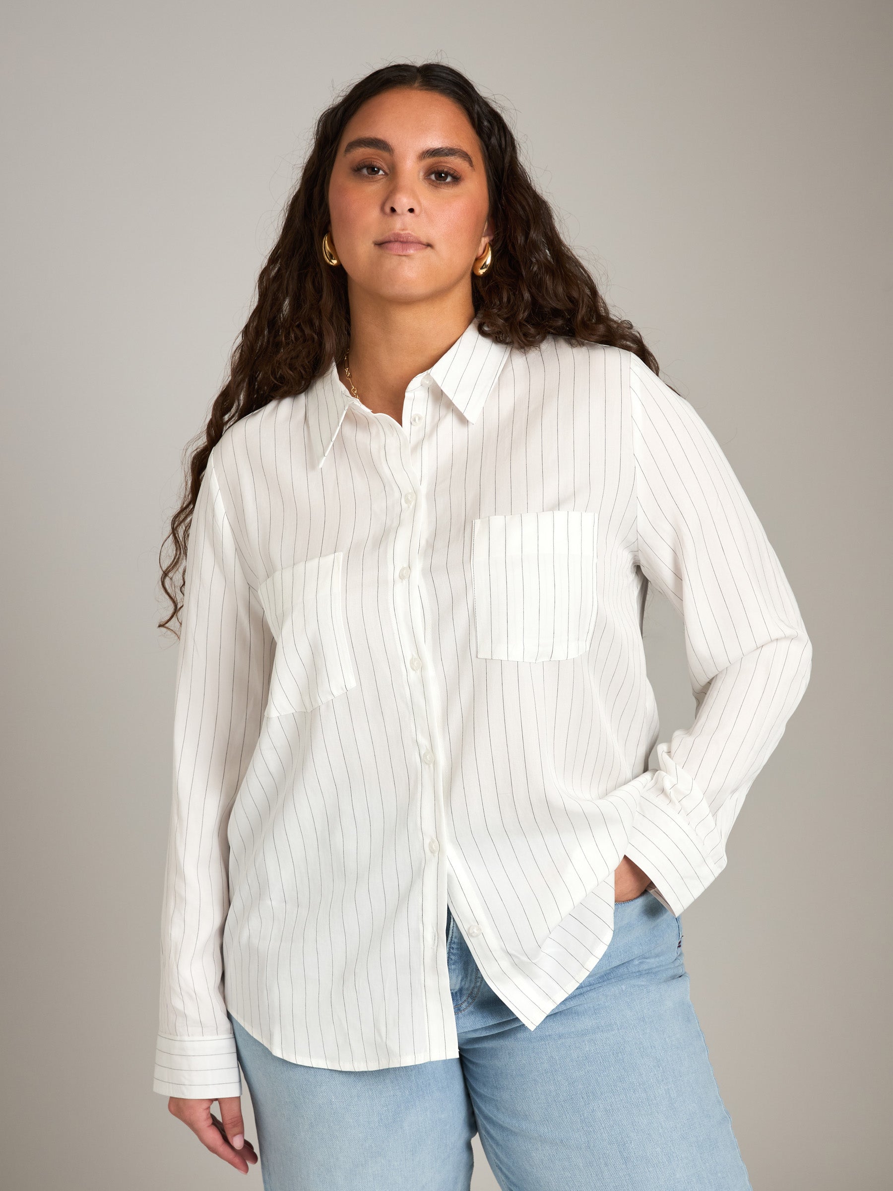 MONK & LOU-Tara Pinstripe Button Up Shirt-White with Black Pinstripe