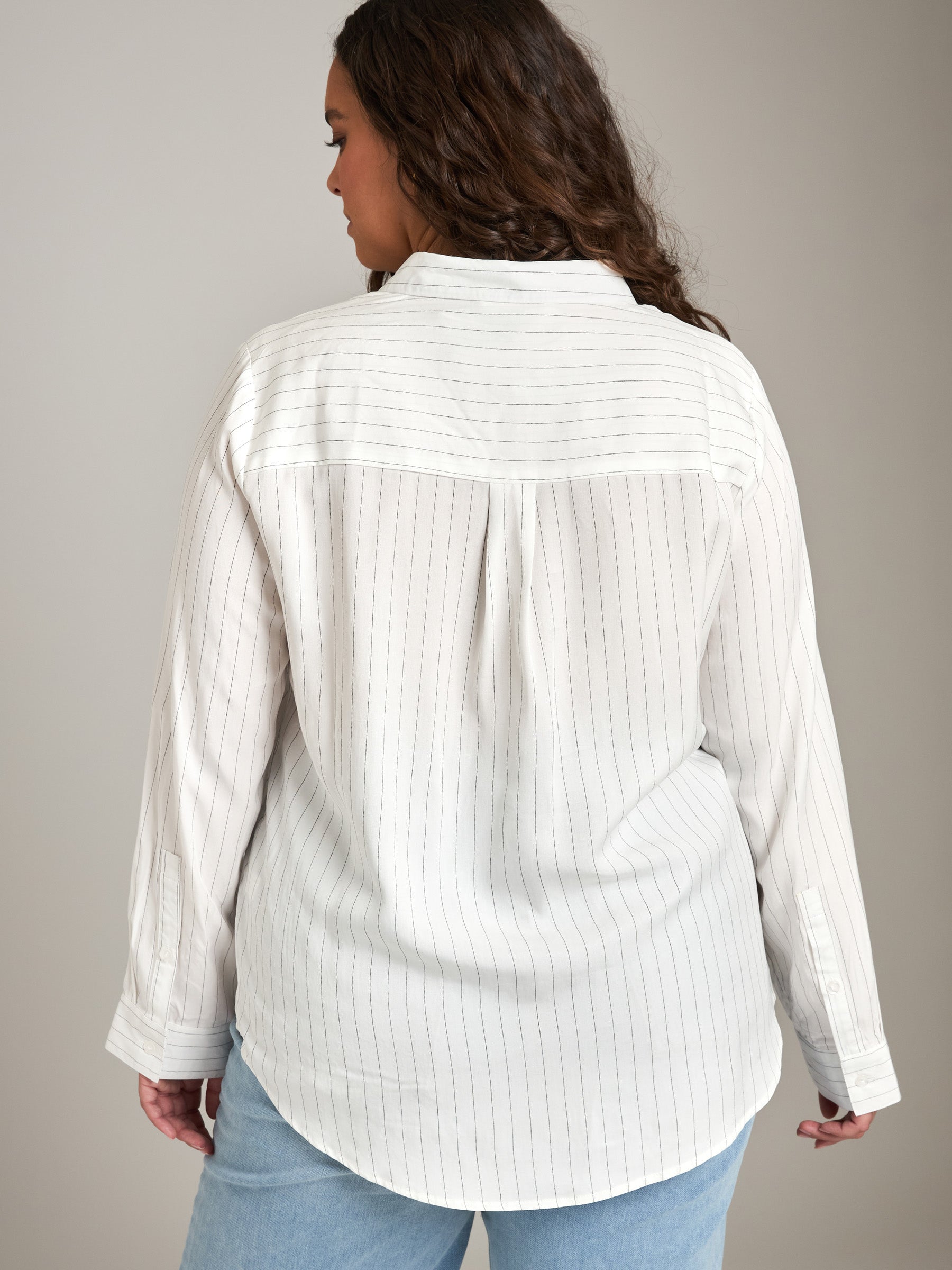 MONK & LOU-Tara Pinstripe Button Up Shirt-White with Black Pinstripe