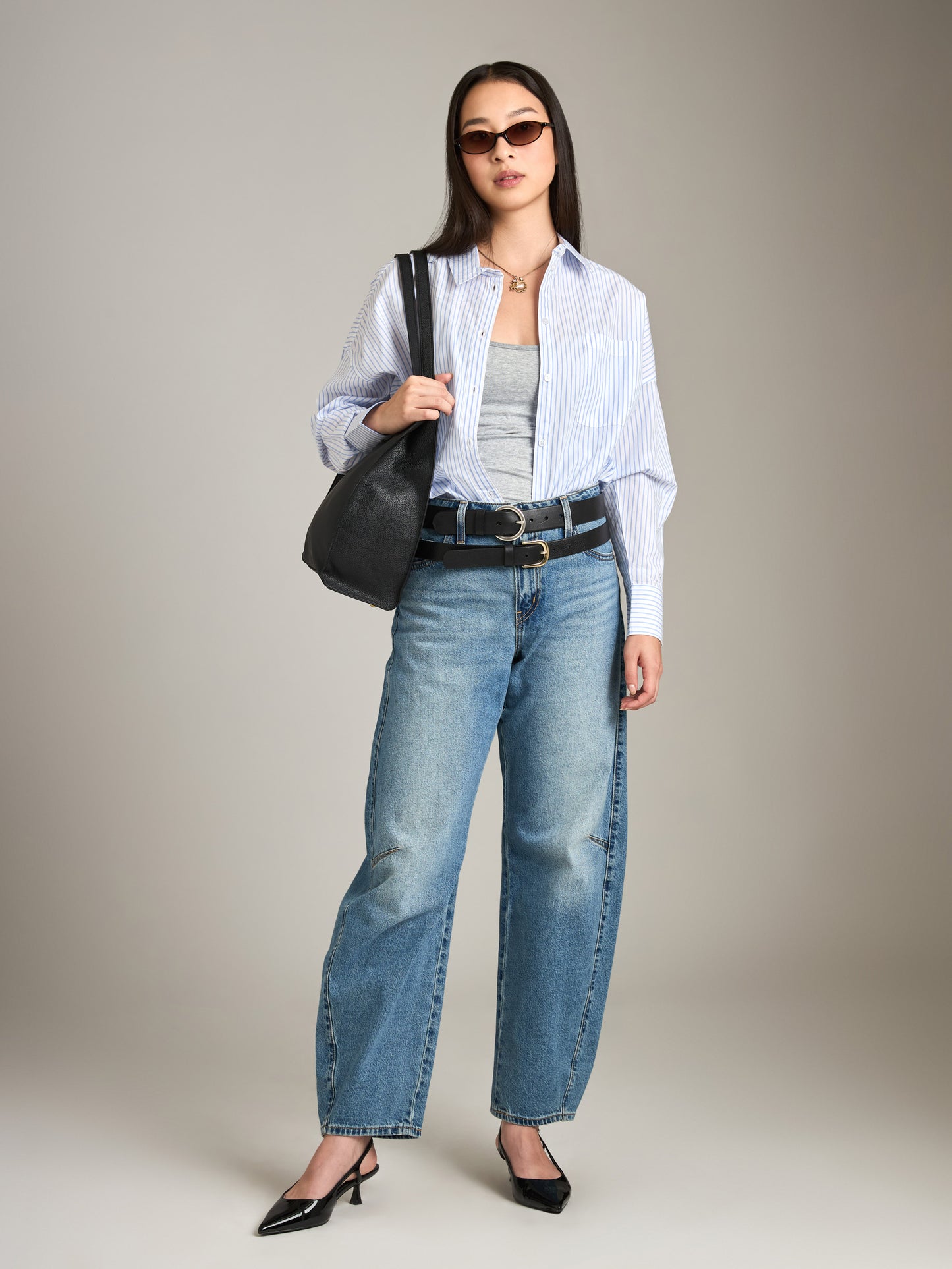 MONK & LOU - Emily Oversized Button Up Shirt - White Light Blue Stripe