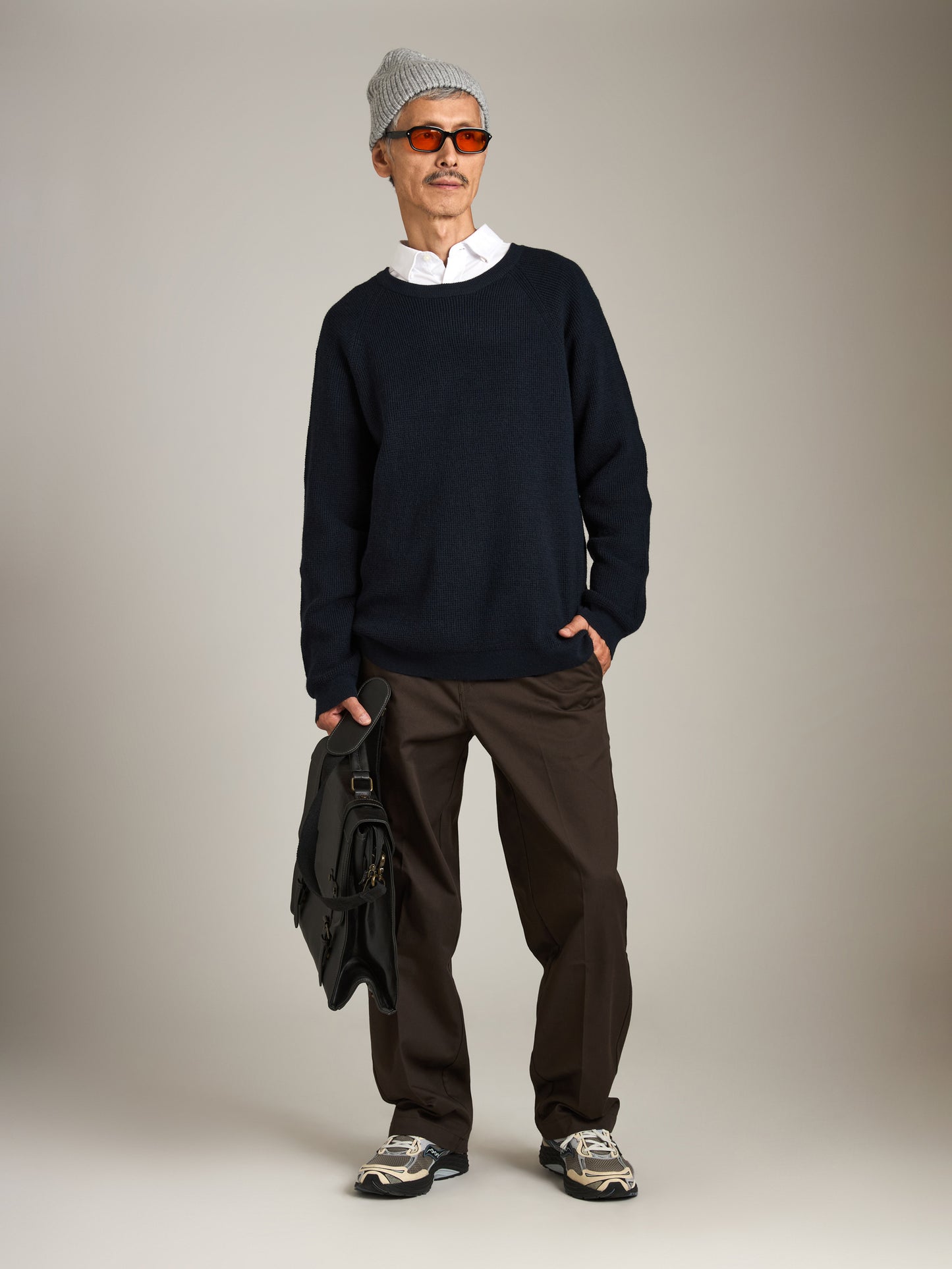 ATRIUM - Honeycomb Knit Crewneck Pullover Sweater - Navy