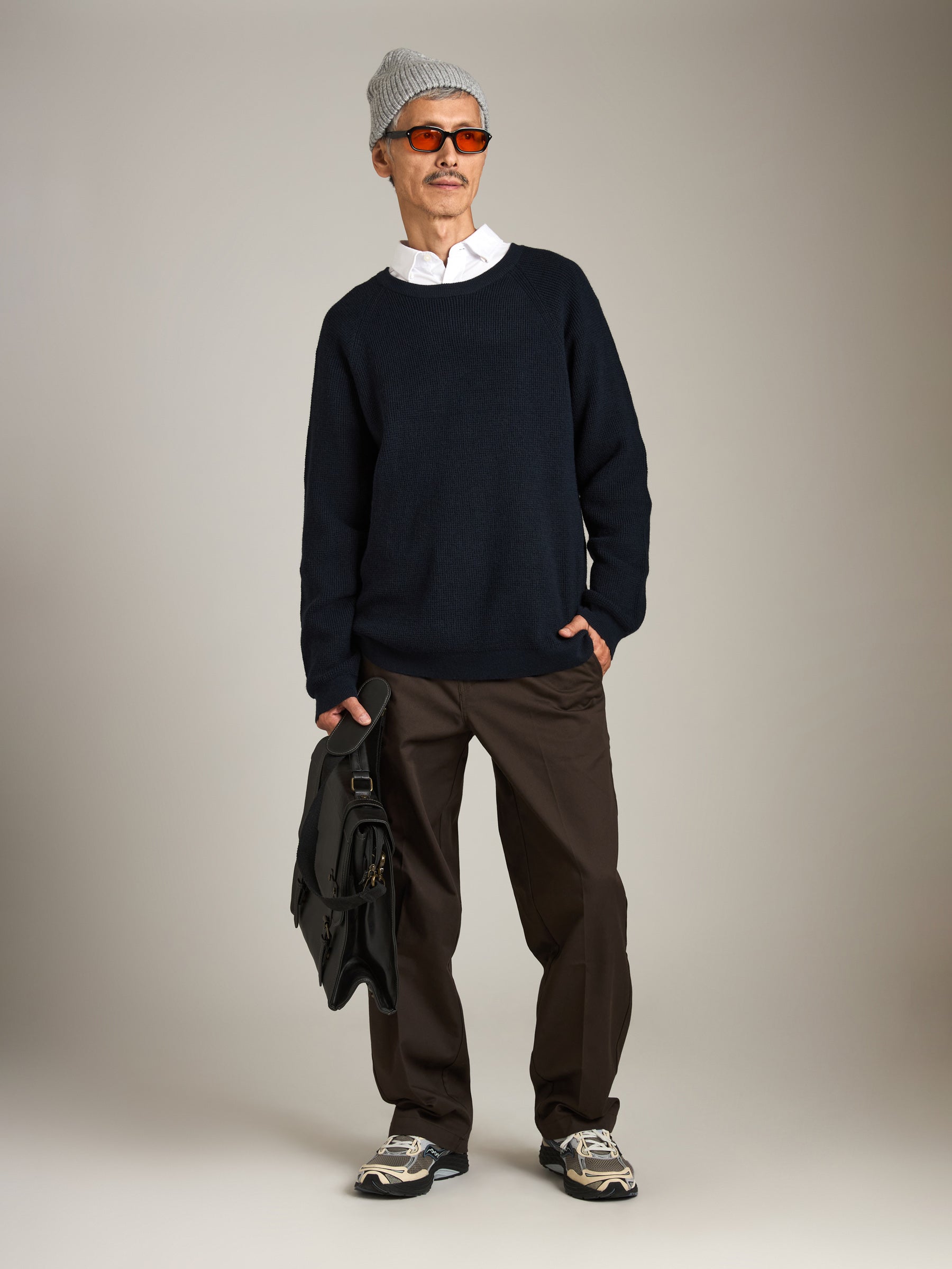 ATRIUM - Honeycomb Knit Crewneck Pullover Sweater - Navy