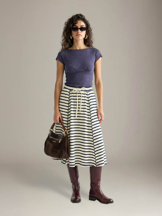 LOVEFINN - Drawstring Stripe Skirt - Cream / Navy
