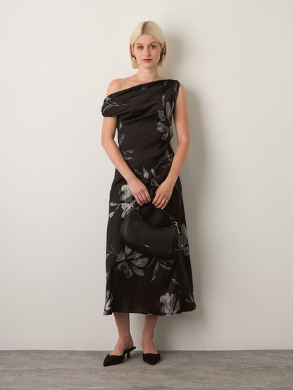 LOVEFINN - Floral Cowl Dress - Black Grey