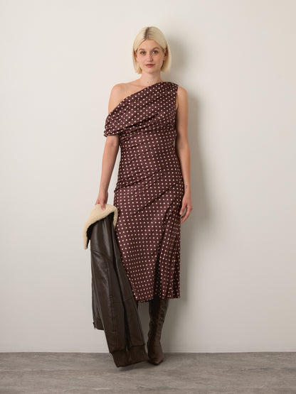 LOVEFINN - Polka Dot Off Shoulder Dress - Chocolate Cream