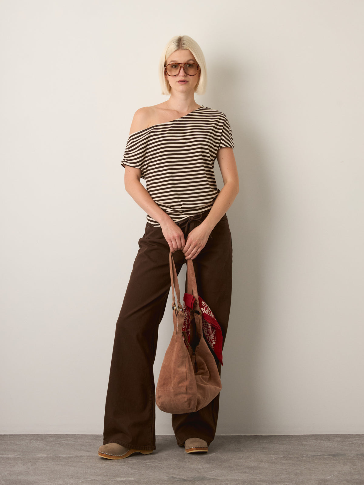 LOVEFINN - Striped Off Shoulder Top - Cream Brown