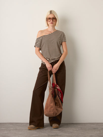 LOVEFINN - Striped Off Shoulder Top - Cream Brown