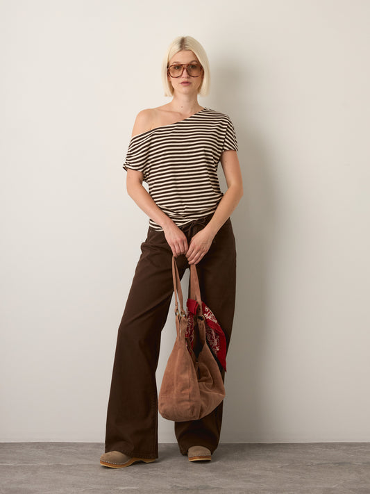 LOVEFINN - Striped Off Shoulder Top - Cream Brown