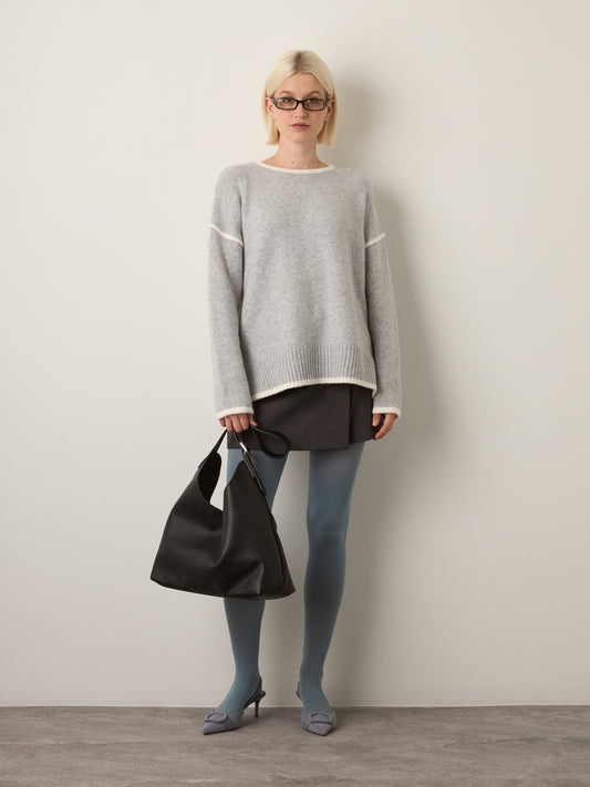 LOVEFINN - Contrast Trim Pullover Sweater - Heather Grey