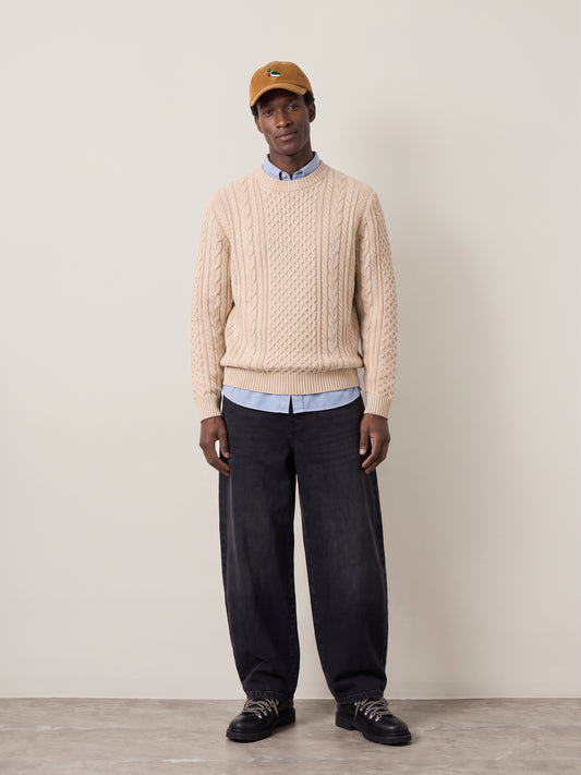 JACK & JONES - Premium Callum Cable Knit Crewneck Sweater - Parchment Melange