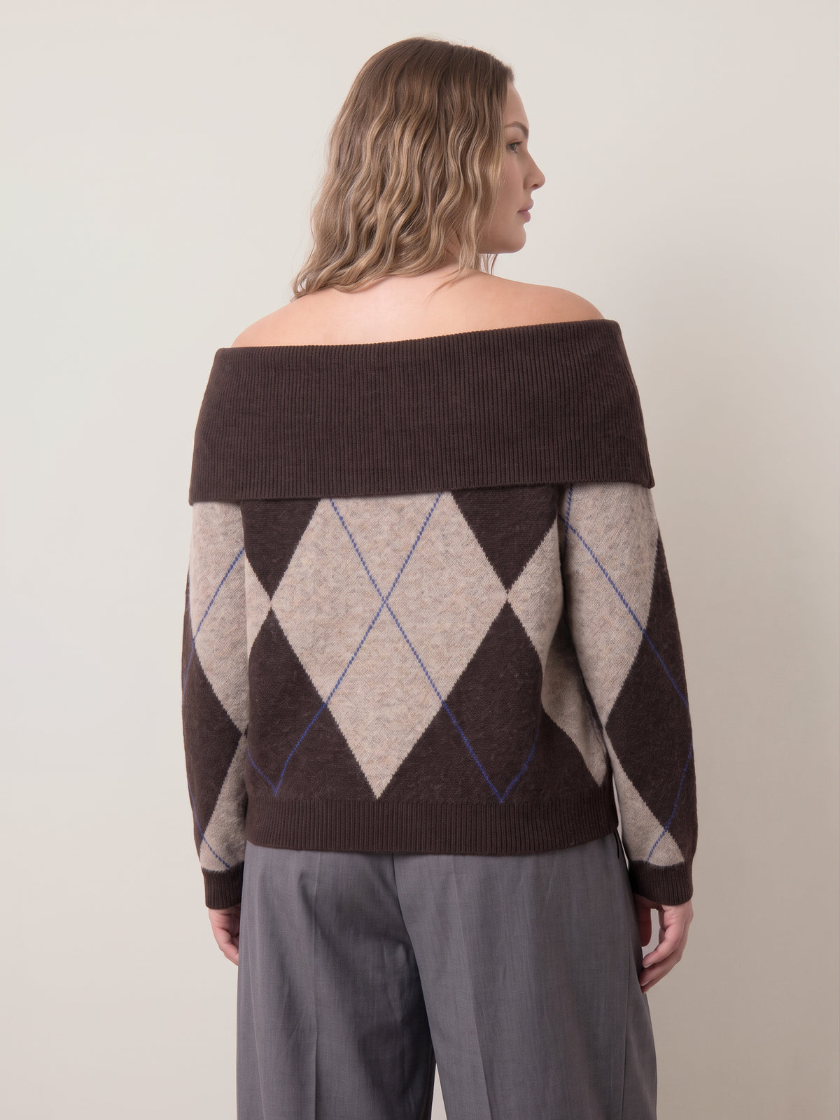 ONLY - Alivia Argyle Off Shoulder Pullover Sweater - 