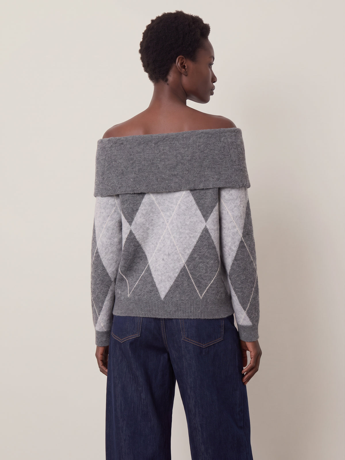 ONLY - Alivia Argyle Off Shoulder Pullover Sweater - 