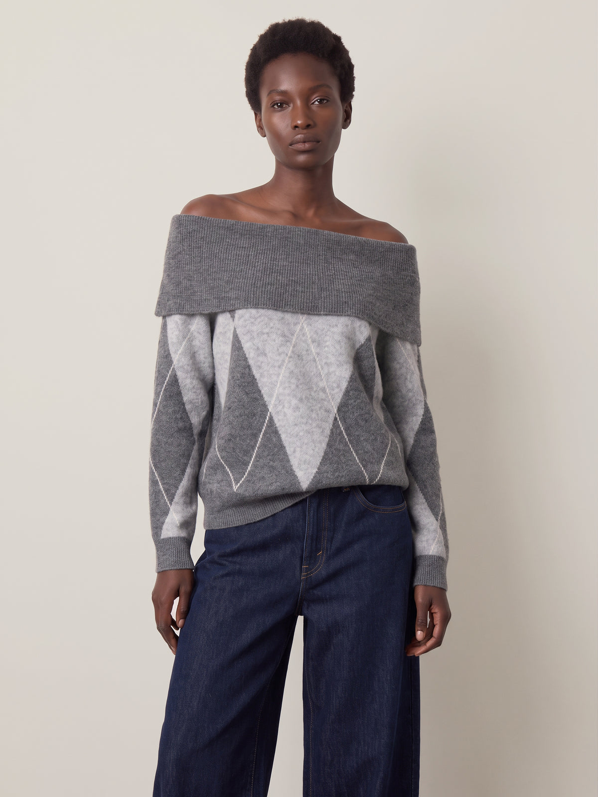 ONLY - Alivia Argyle Off Shoulder Pullover Sweater - 