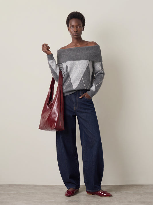 ONLY - Alivia Argyle Off Shoulder Pullover Sweater - 