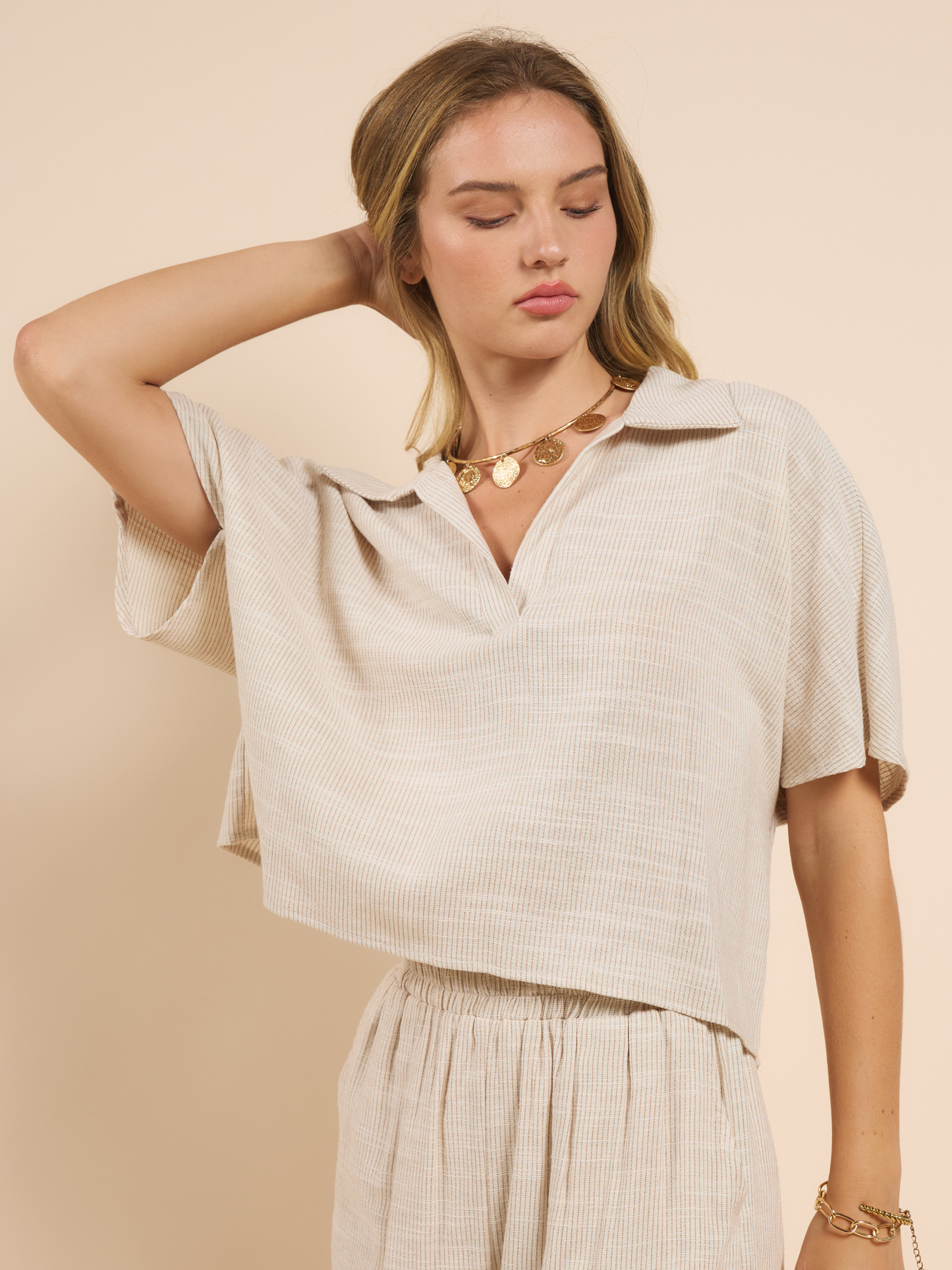 SADIE & SAGE-Mojave Open Placket Shirt-Cream Taupe