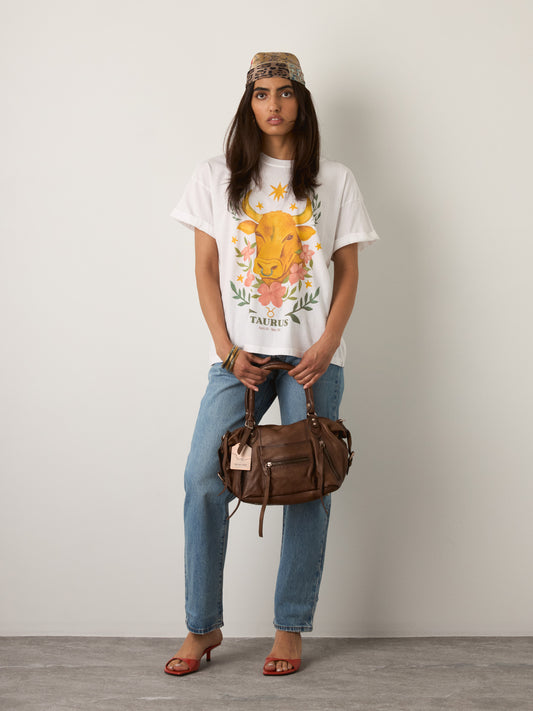 GIRL DANGEROUS - Taurus Zodiac Boyfriend T-Shirt - Vintage White