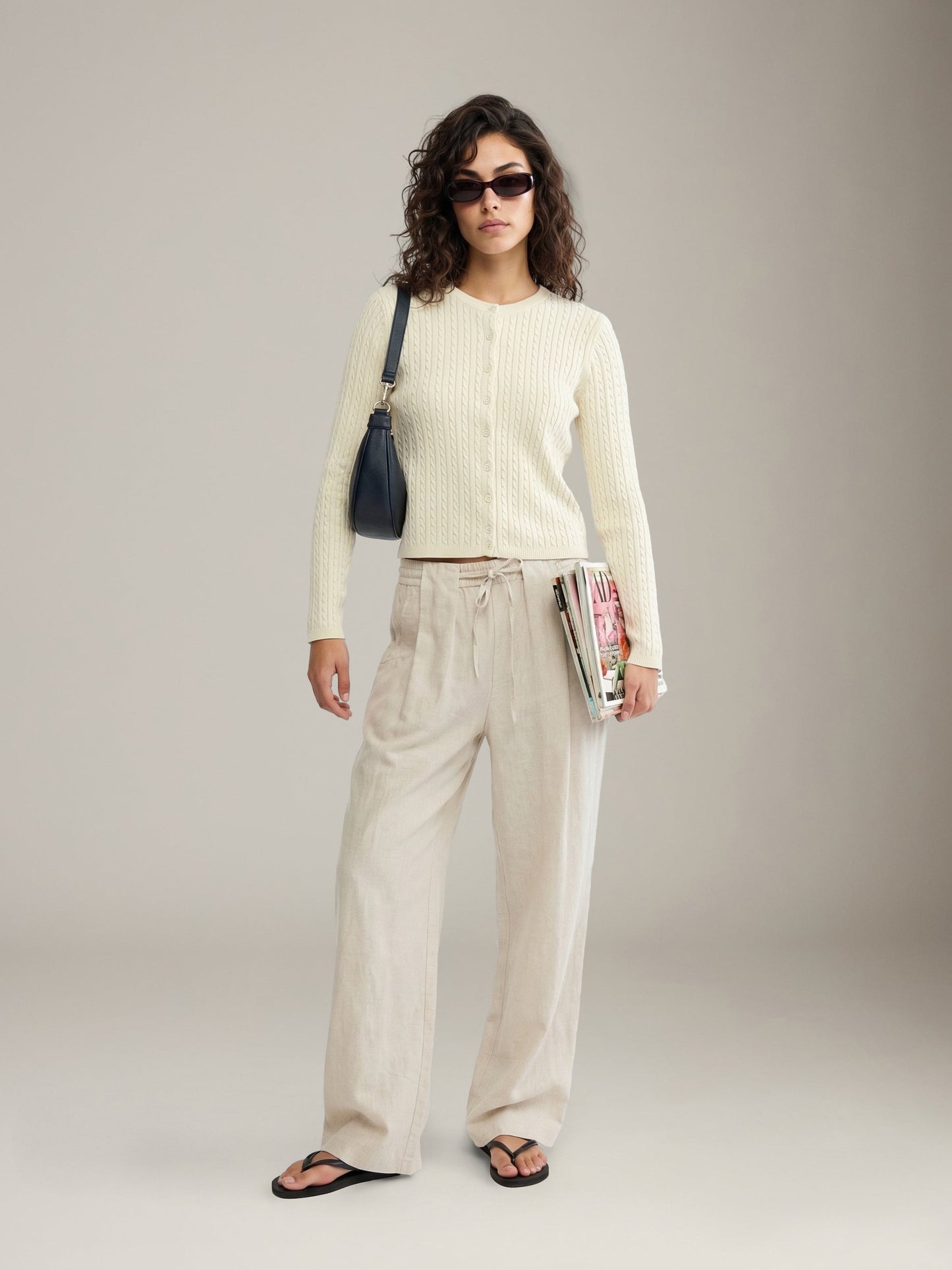 LOVEFINN - Cable Crewneck Cardigan - Cream