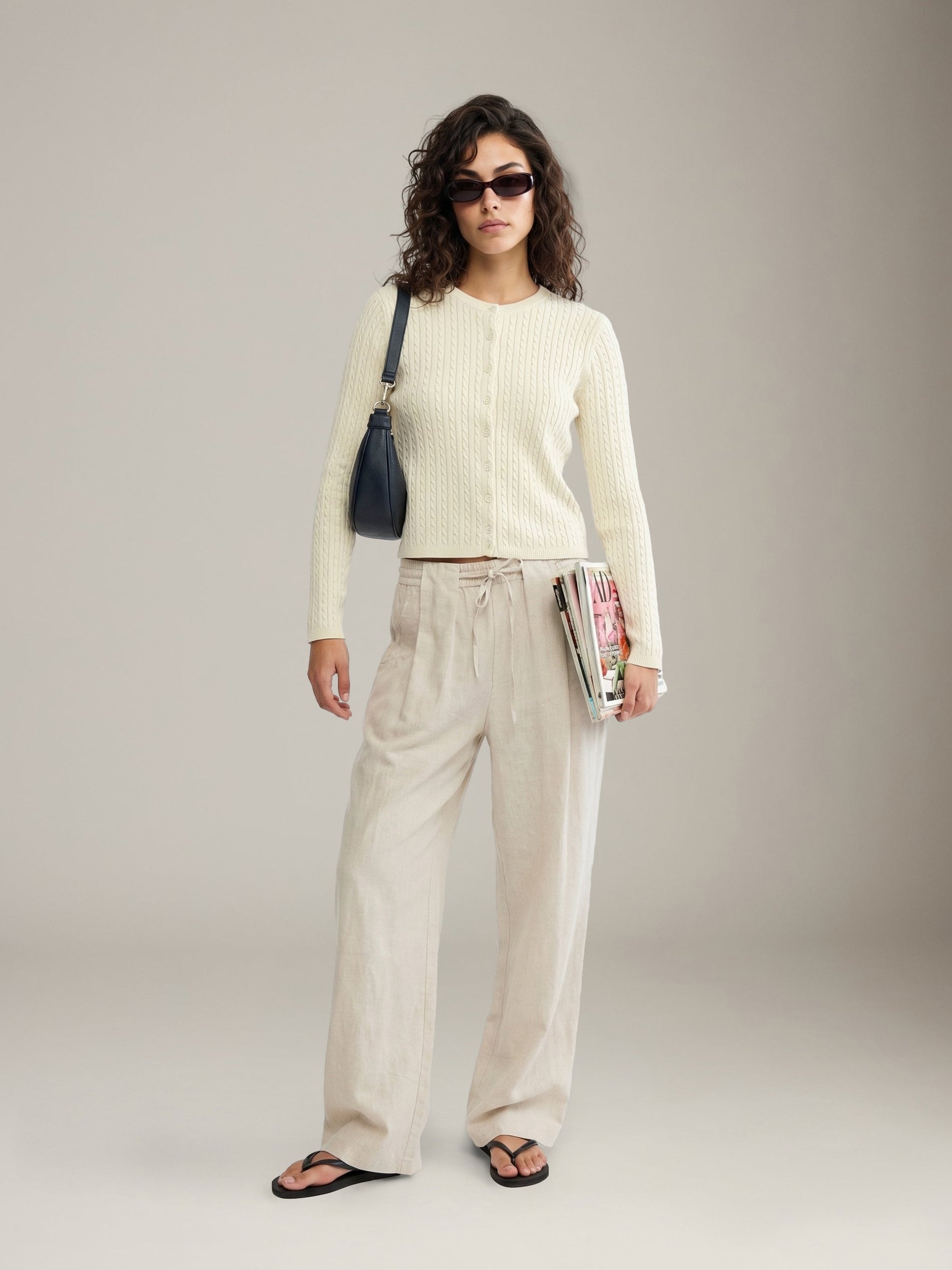LOVEFINN - Cable Crewneck Cardigan - Cream