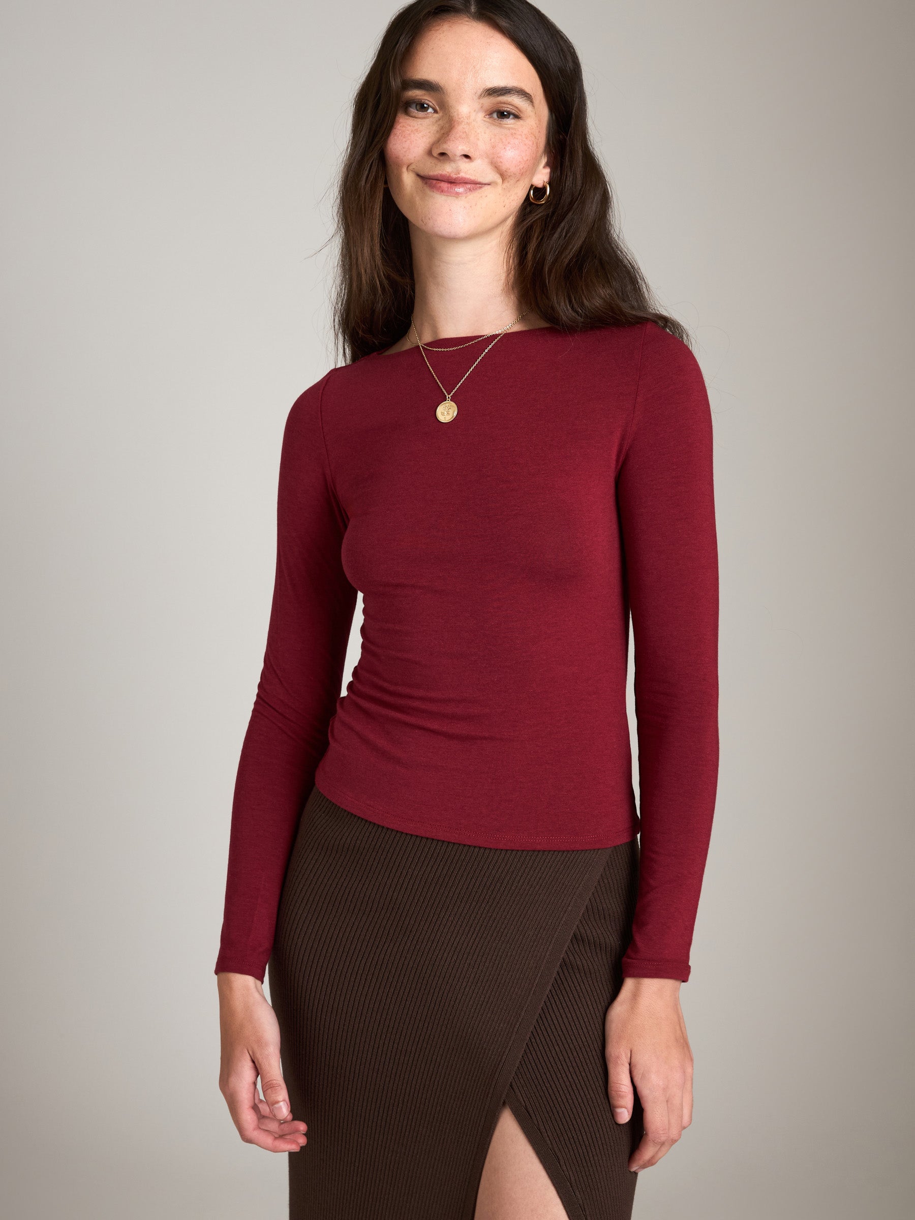MONK & LOU-Nessa Boatneck Top-Deep Red