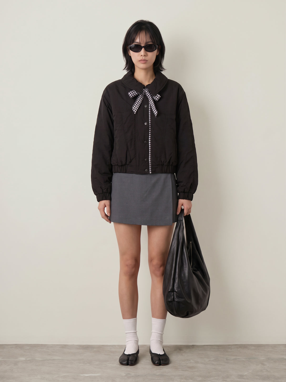 LOVEFINN - Gingham Contrast Bomber Jacket - 