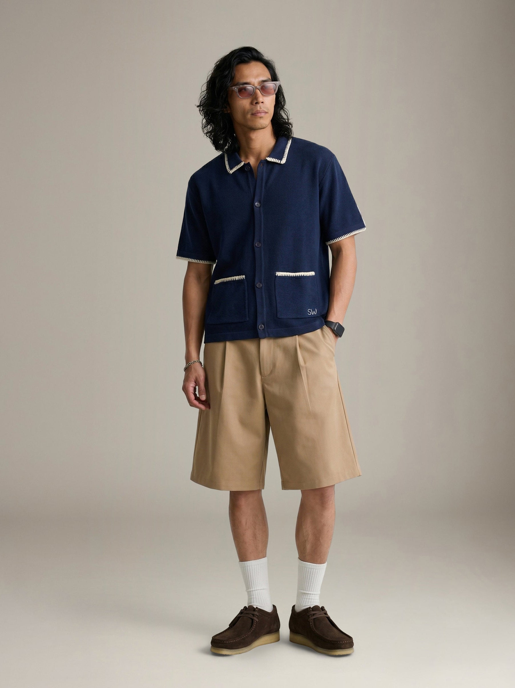 SERVICE WORKS - Blanket Stitch Knit Shortsleeve Shirt - Navy