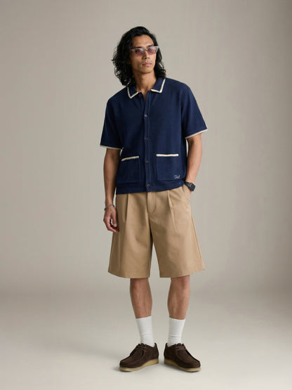 SERVICE WORKS - Blanket Stitch Knit Shortsleeve Shirt - Navy