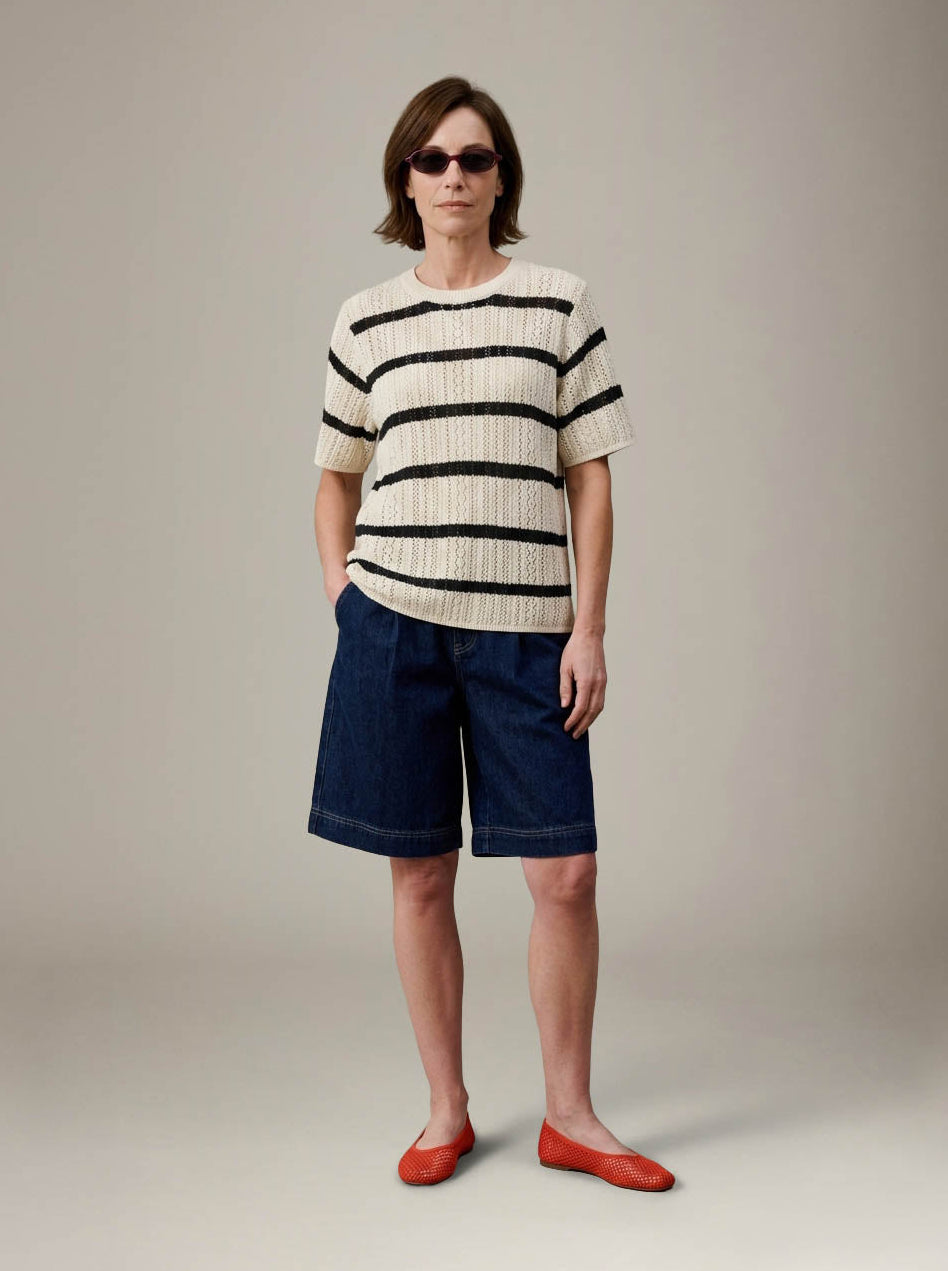 PIECES - Nuka Shortsleeve Crewneck Sweater - Birch / Black Stripe