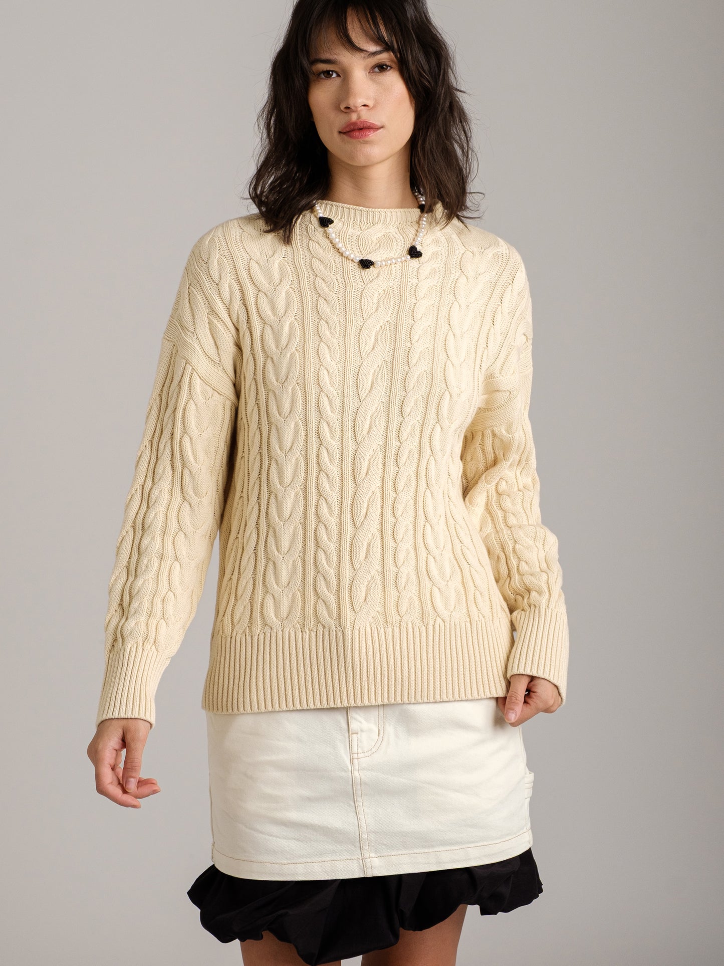 MONK & LOU - Ada Funnel Neck Cable Pullover Sweater - 