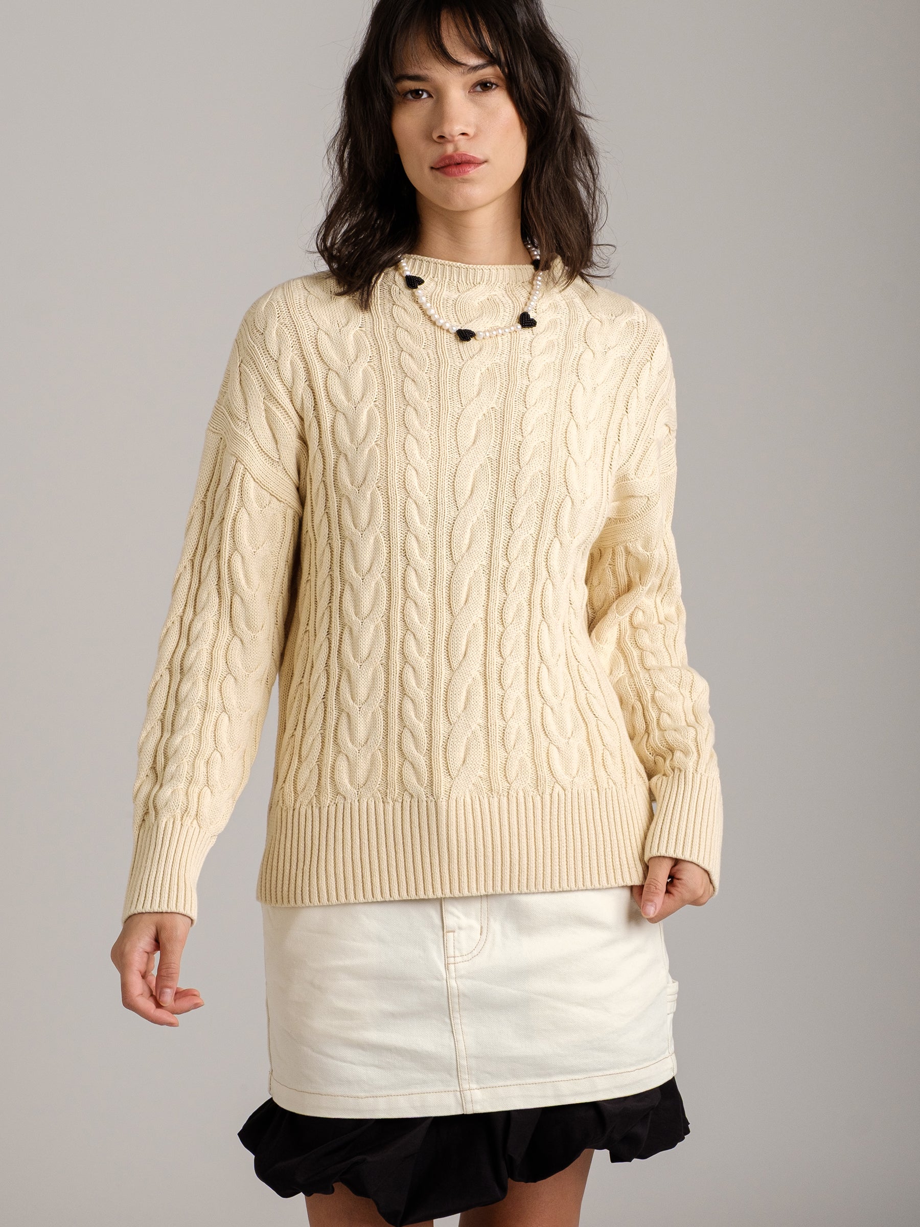 MONK & LOU - Ada Funnel Neck Cable Pullover Sweater - 