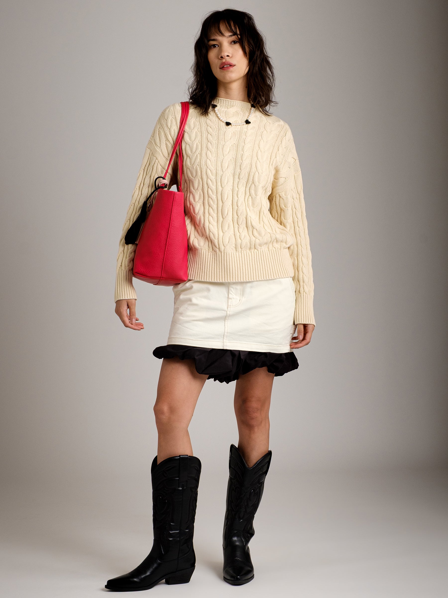 MONK & LOU - Ada Funnel Neck Cable Pullover Sweater - Ivory Straw