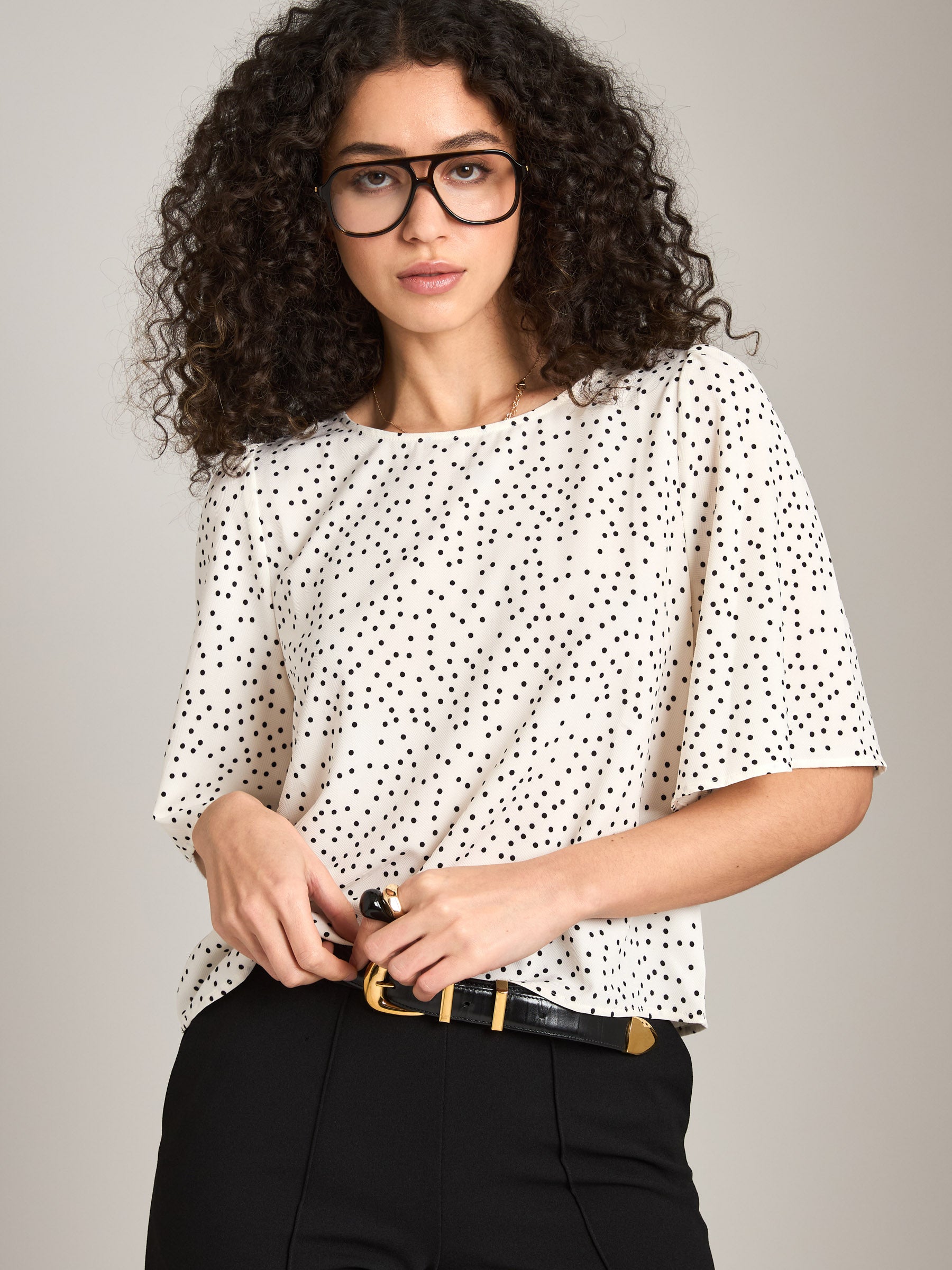 MONK & LOU - Printed Adair Blouse - Ivory Dots