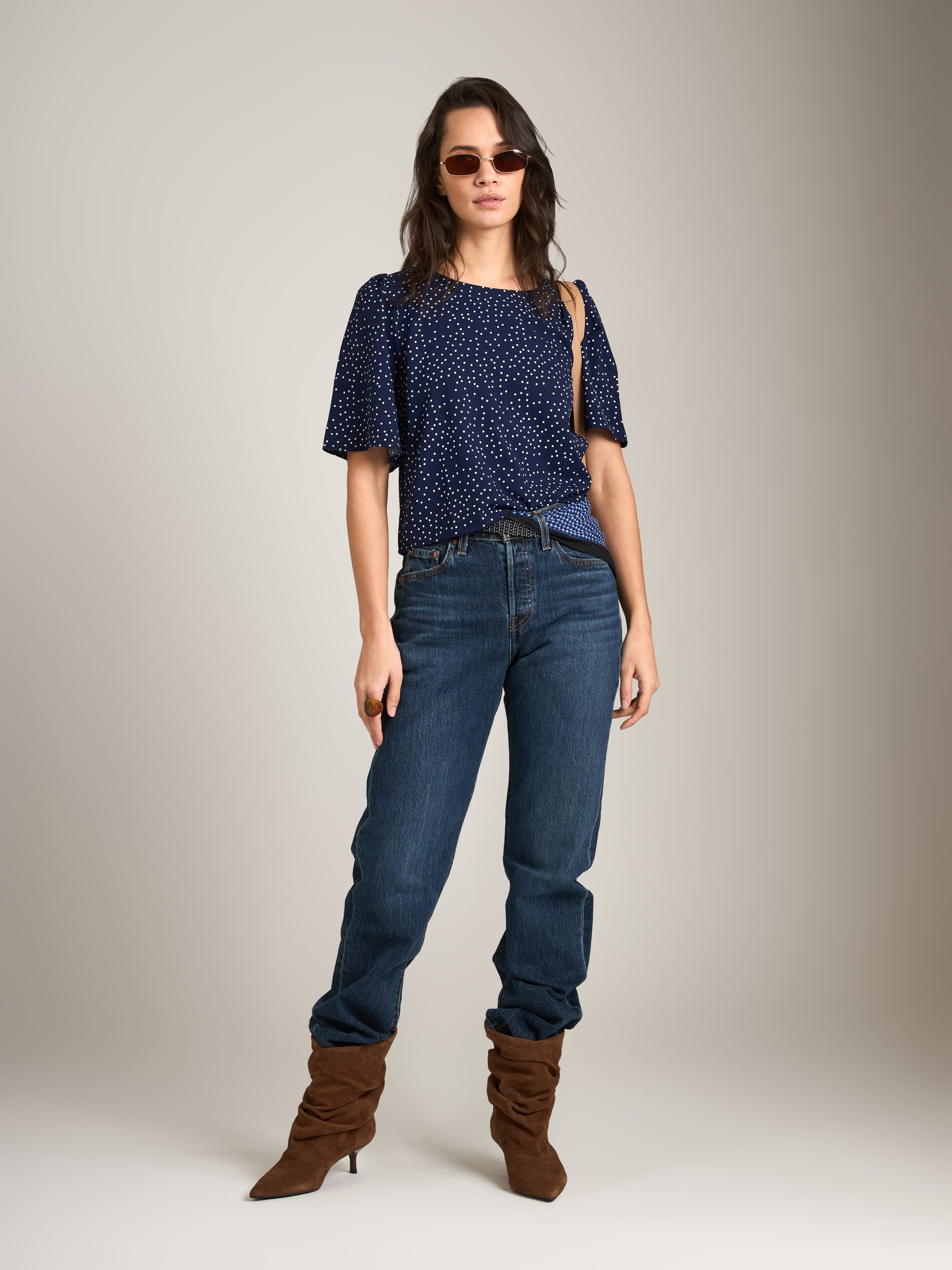 MONK & LOU - Printed Adair Blouse - Navy Dots