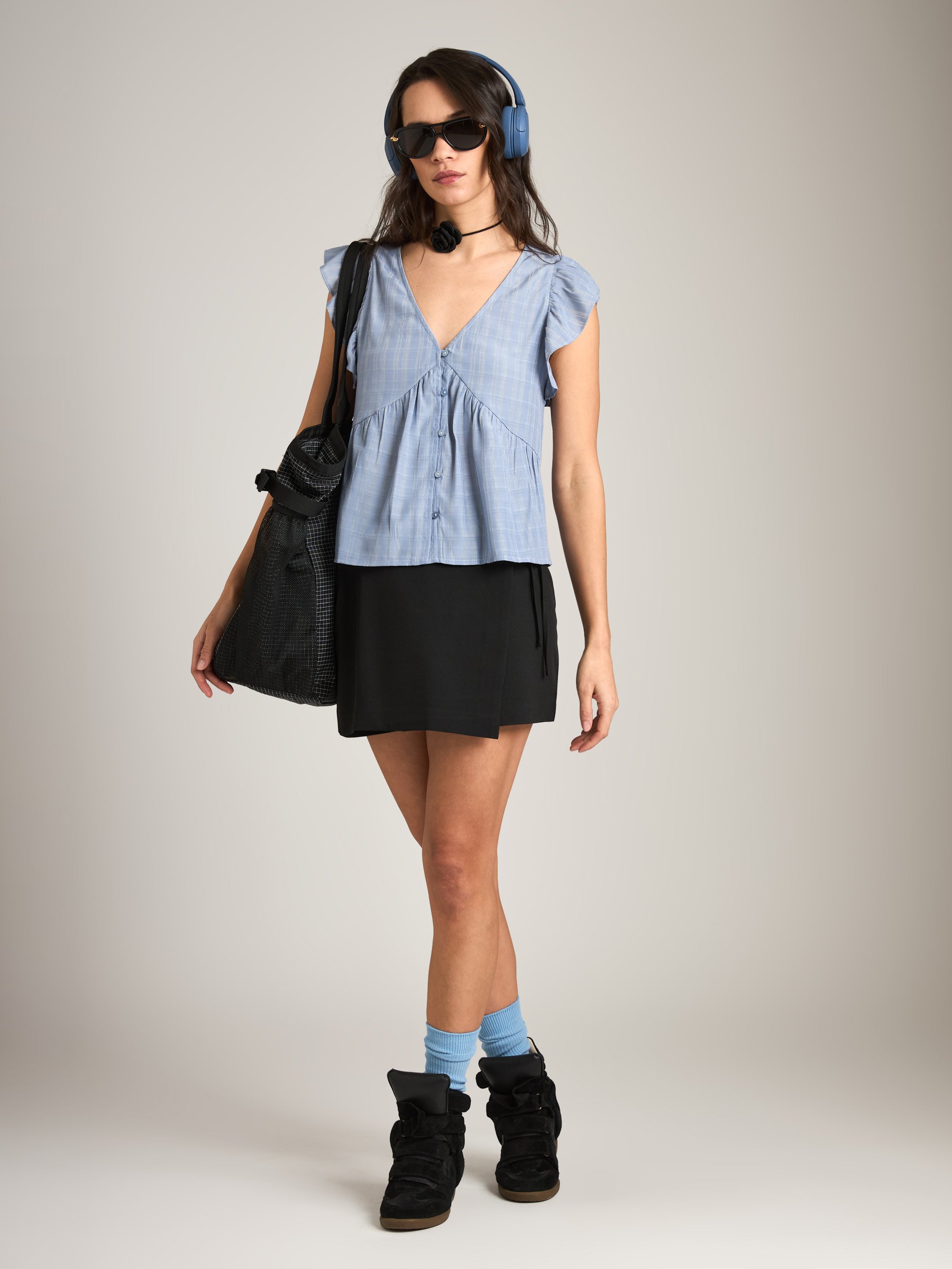 MONK & LOU - Clare Waterfall Sleeve Blouse - Blue