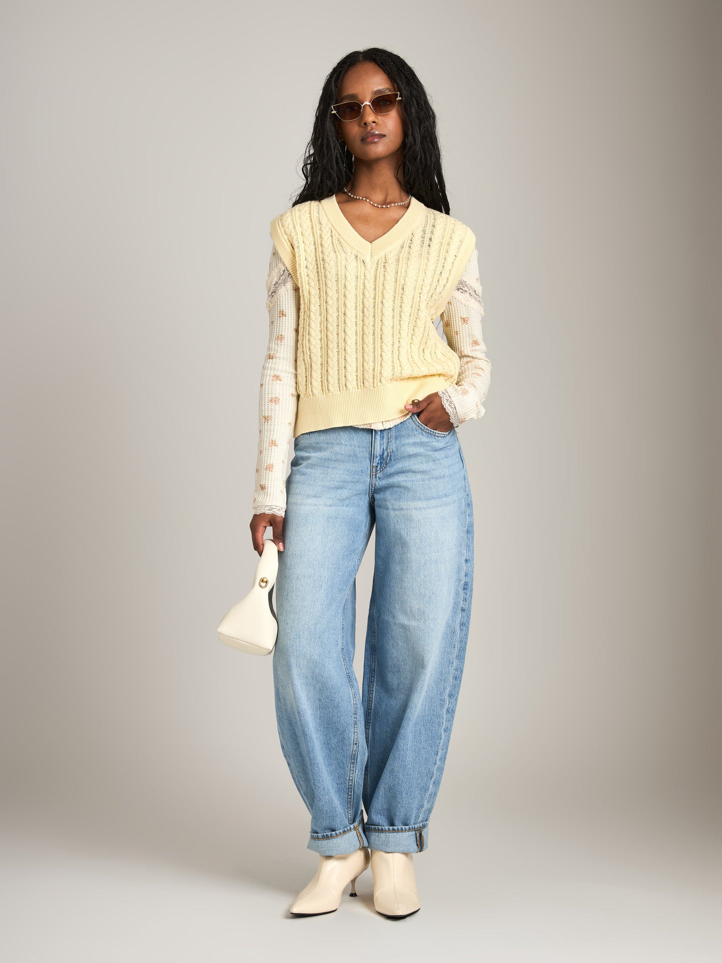 MONK & LOU - Eadie Cable V-neck Vest - Pastel Butter