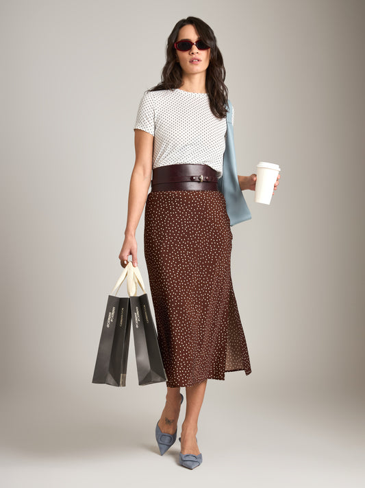 MONK & LOU - Nicola Satin Printed Bias Skirt - Polka Dots Brown