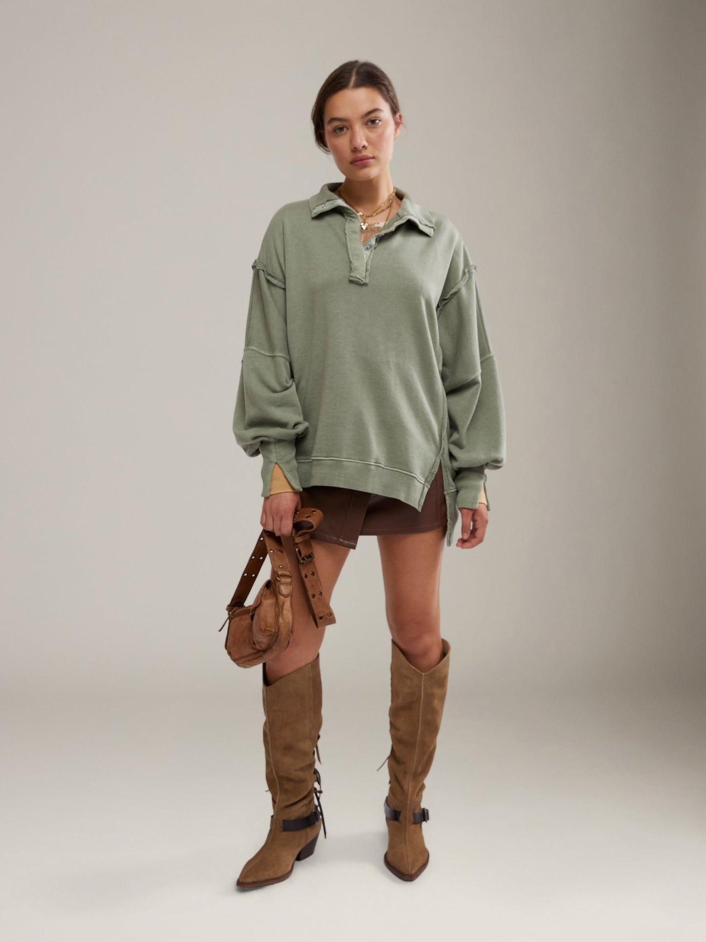 FREE PEOPLE - Camden Henley Sweatshirt - Laurel Oak