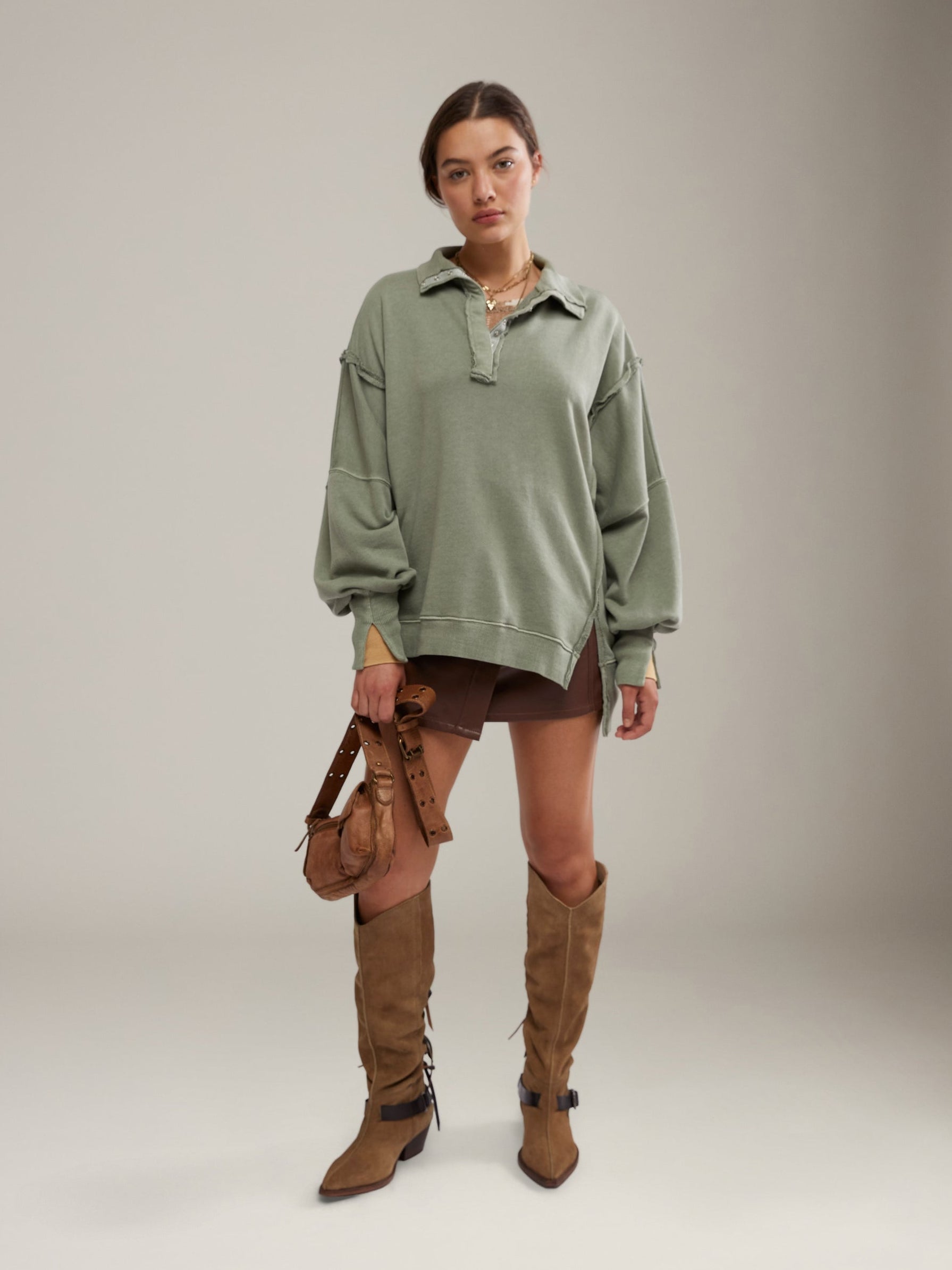 FREE PEOPLE - Camden Henley Sweatshirt - Laurel Oak