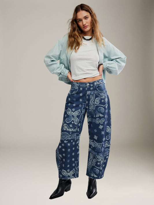 FREE PEOPLE - Good Luck Printed Barrel Jeans - 