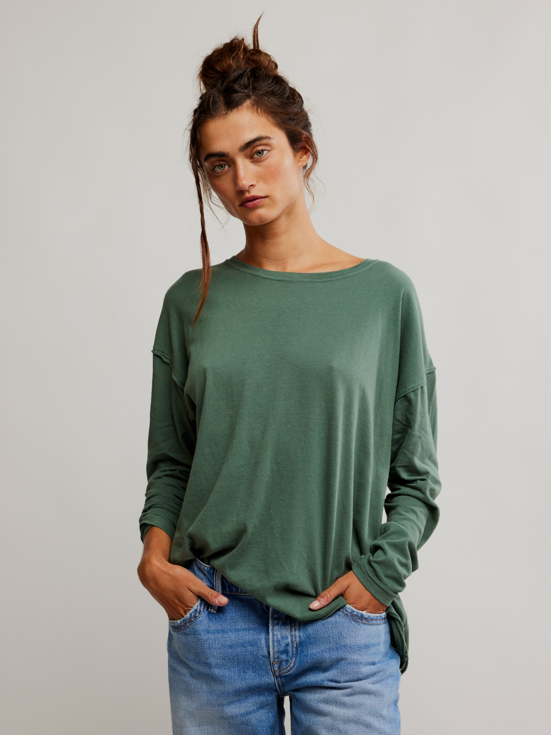 FREE PEOPLE-Nina Cotton Oversized Longsleeve Tee-Topiary